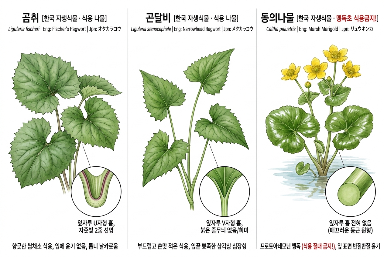 곰취 vs 곤달비 vs 동의나물 비교 세밀화