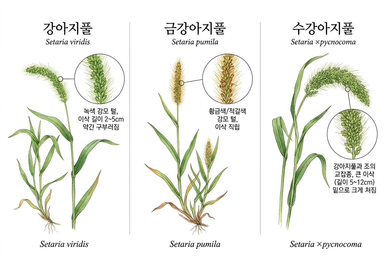 강아지풀 vs 금강아지풀 vs 수강아지풀 비교 세밀화