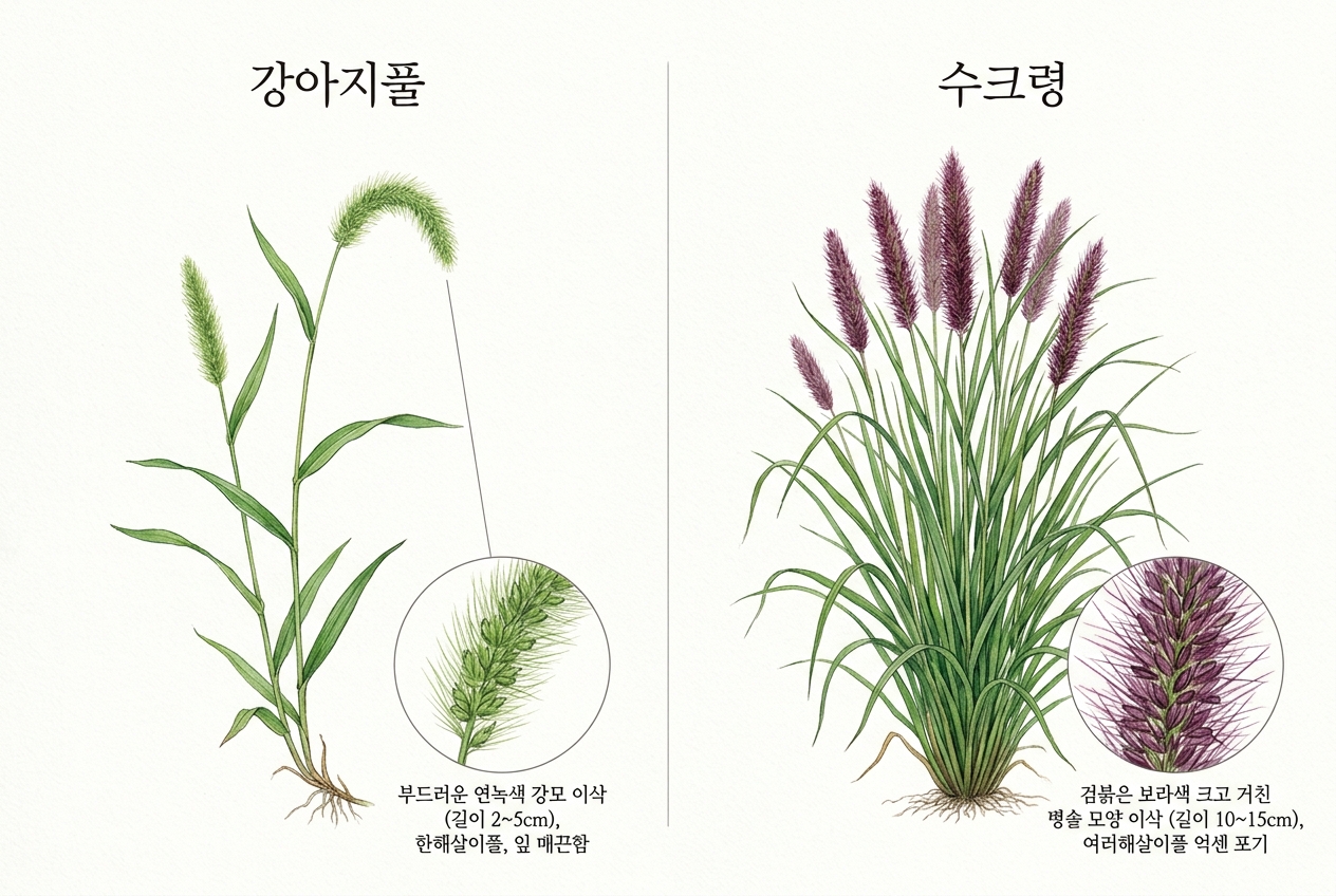 강아지풀 vs 수크령 비교 세밀화