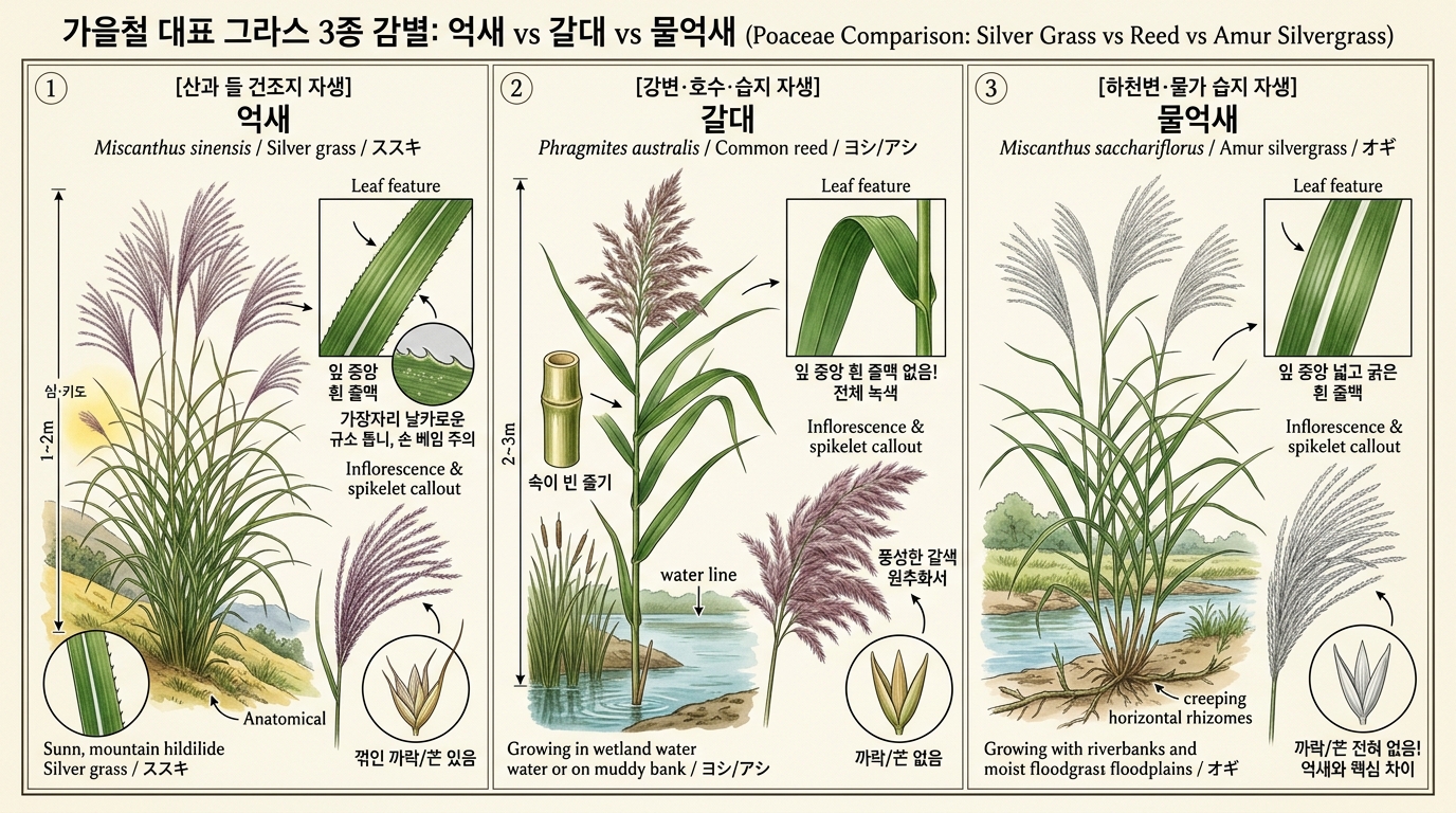 억새 vs 갈대 vs 물억새 비교 세밀화