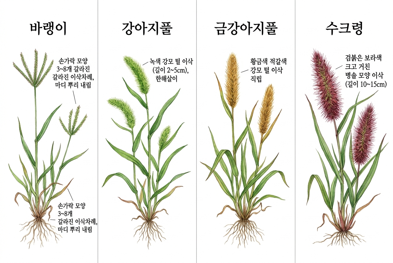 바랭이 vs 강아지풀 vs 금강아지풀 vs 수크령 비교 세밀화