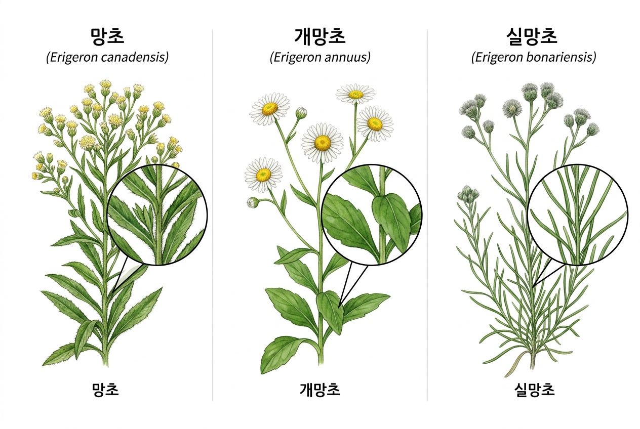 망초 vs 개망초 vs 실망초 비교 세밀화