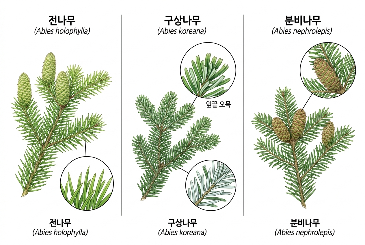 전나무 vs 구상나무 vs 분비나무 비교 세밀화