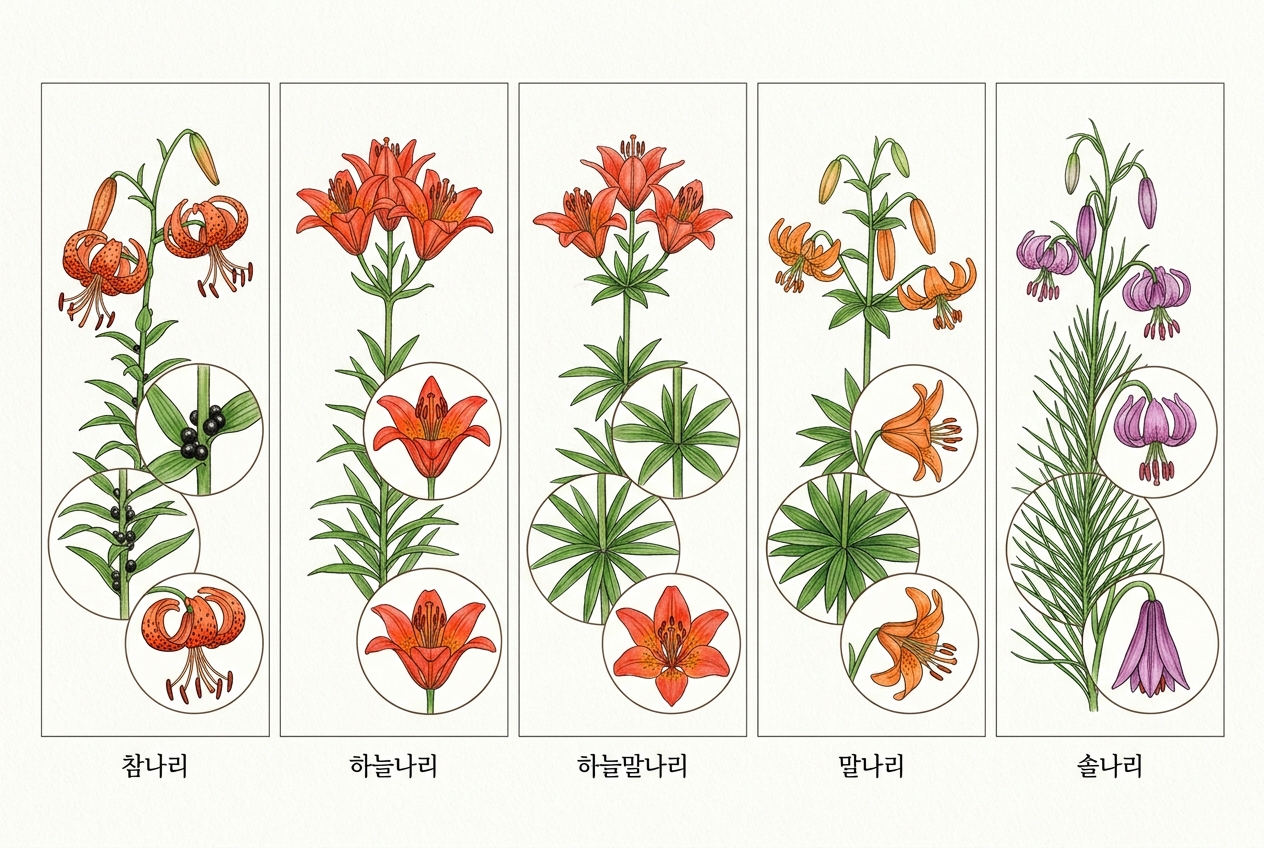 참나리 vs 하늘나리 vs 하늘말나리 vs 말나리 vs 솔나리 비교 세밀화