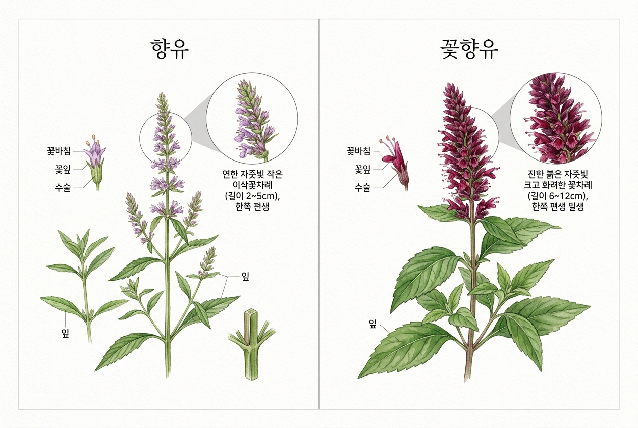 향유 vs 꽃향유 비교 세밀화