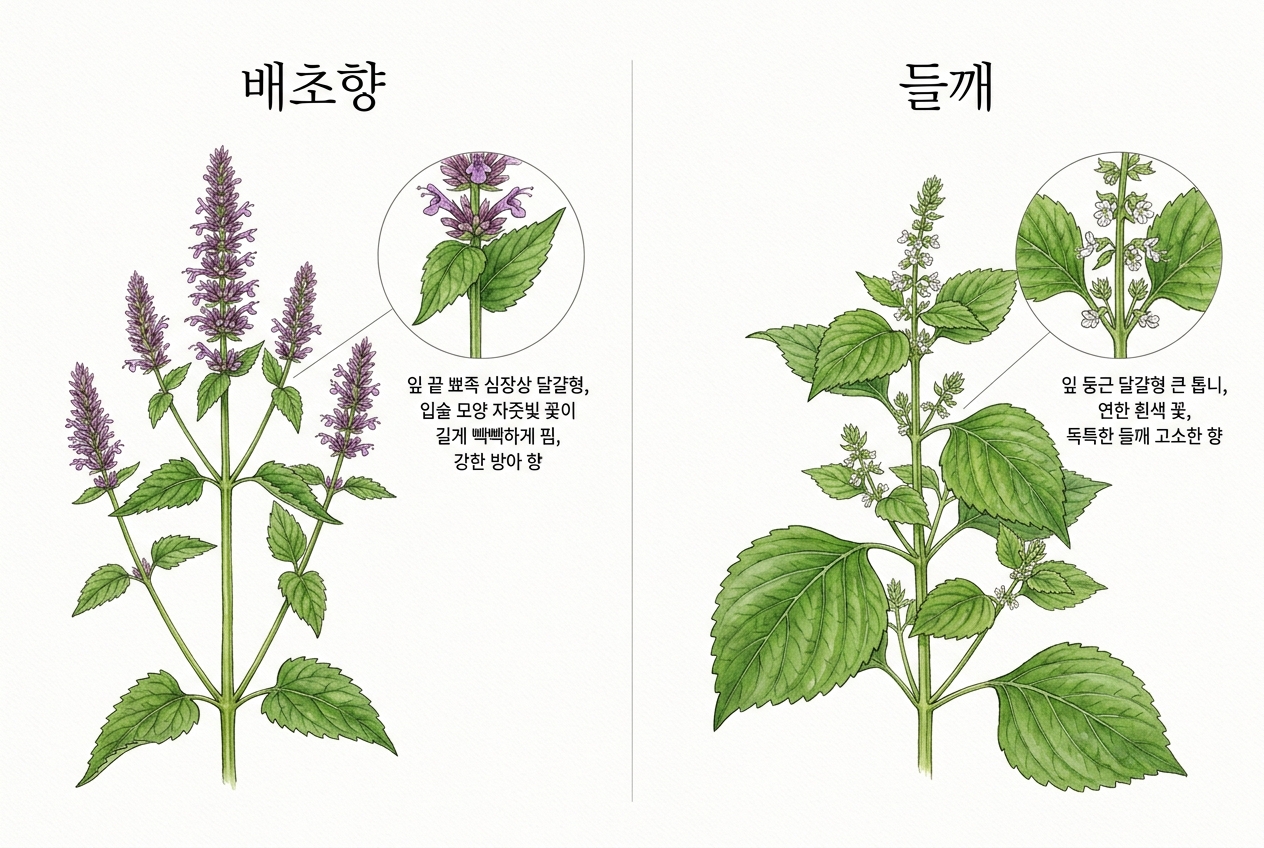 배초향 vs 들깨 비교 세밀화