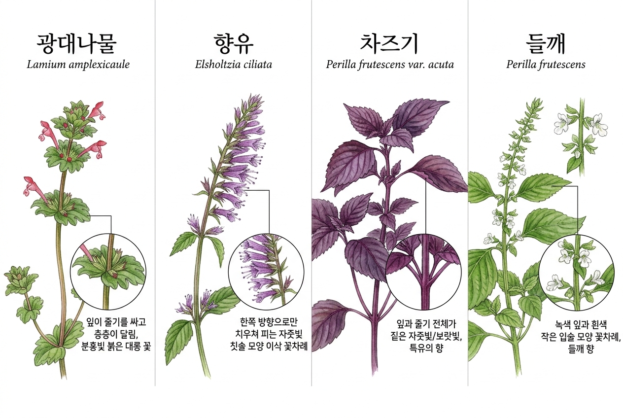 광대나물 vs 광대수염 vs 자주광대나물 비교 세밀화