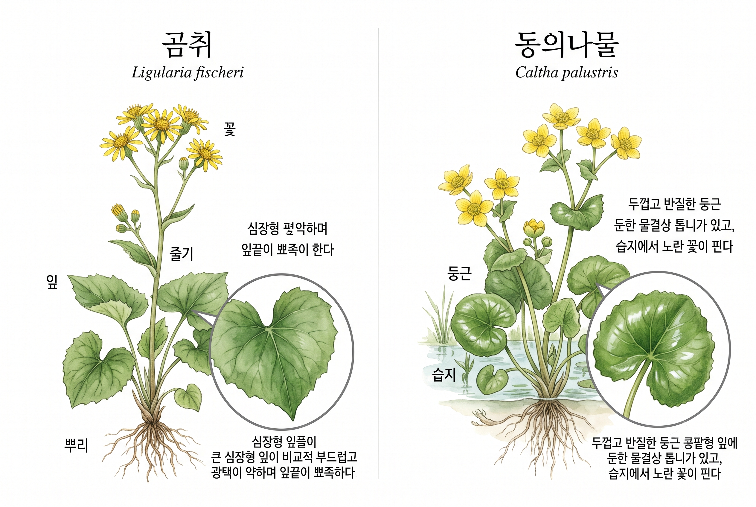 곰취 vs 동의나물 비교 세밀화