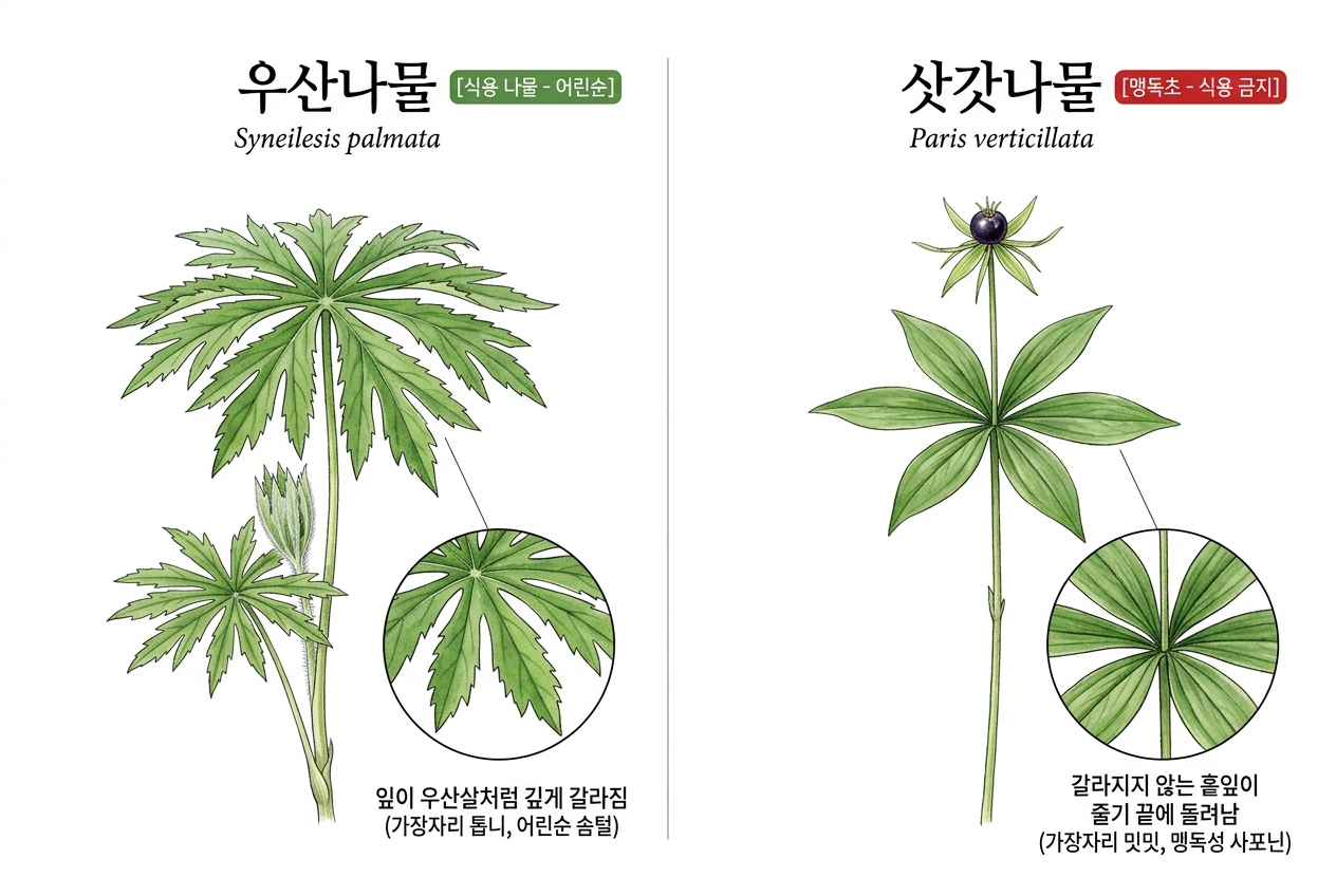 우산나물 vs 삿갓나물 비교 세밀화