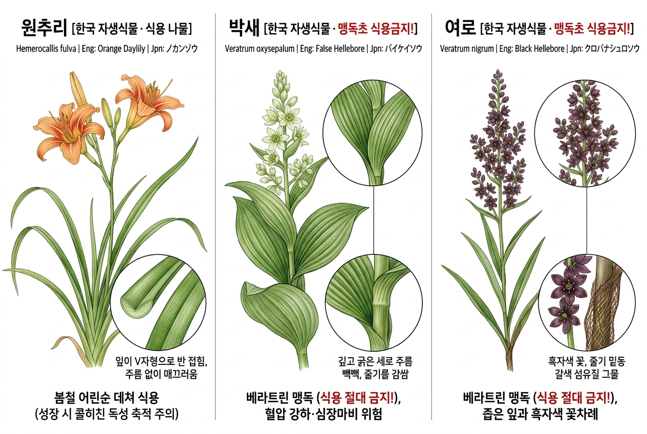 원추리 vs 박새 vs 여로 비교 세밀화