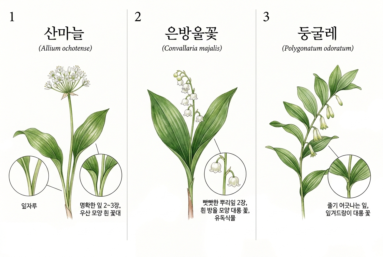 산마늘 vs 은방울꽃 vs 둥굴레 비교 세밀화
