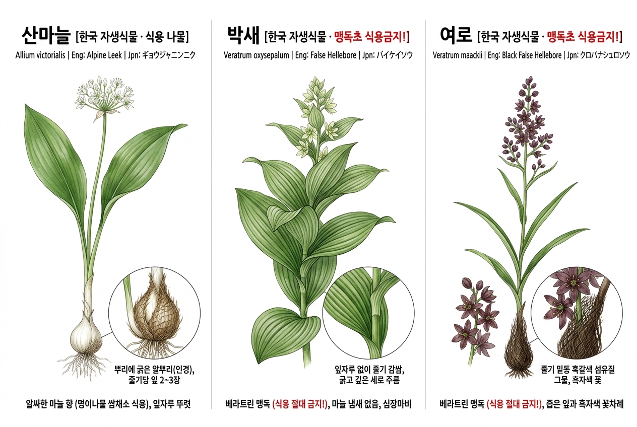 산마늘 vs 박새 vs 여로 vs 원추리 비교 세밀화