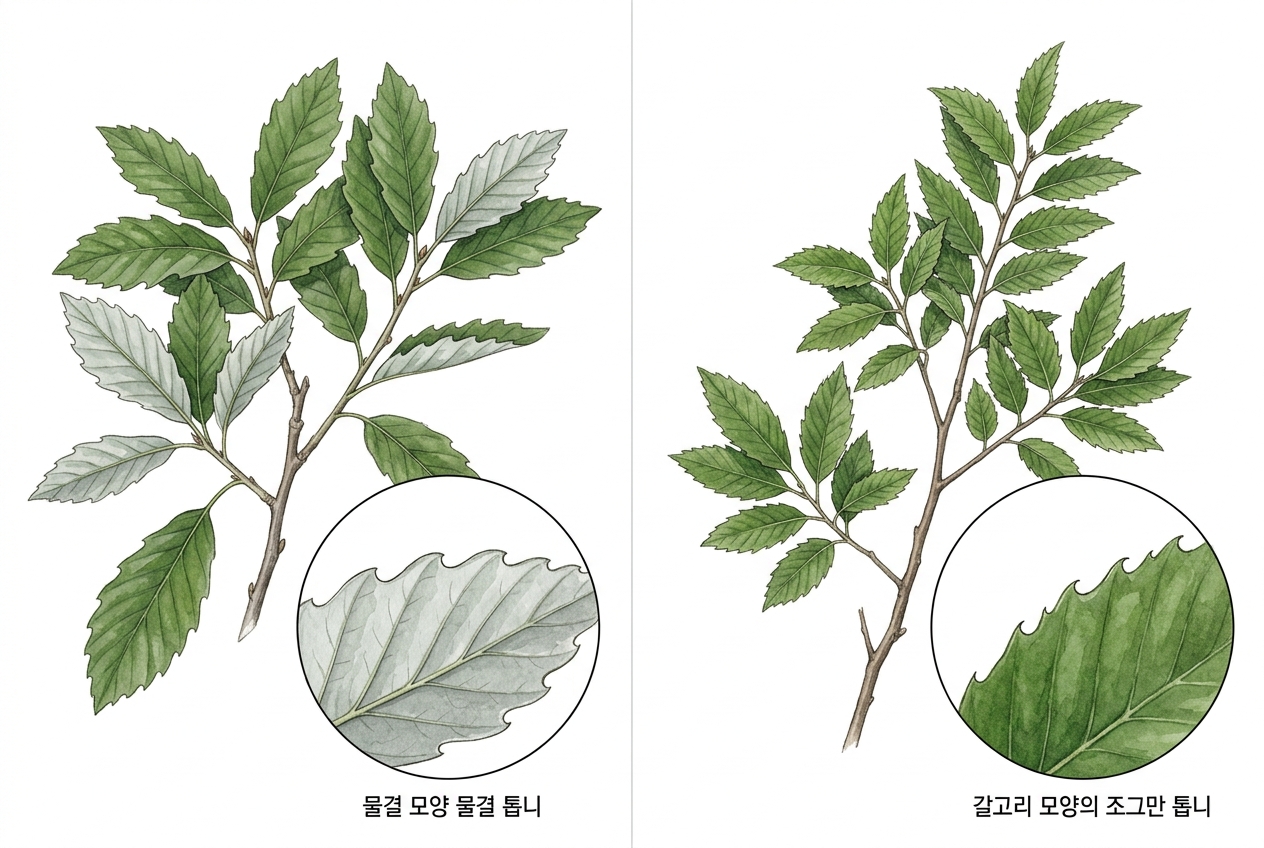 갈참나무 vs 졸참나무 (잎자루 있는 참나무) 비교 세밀화