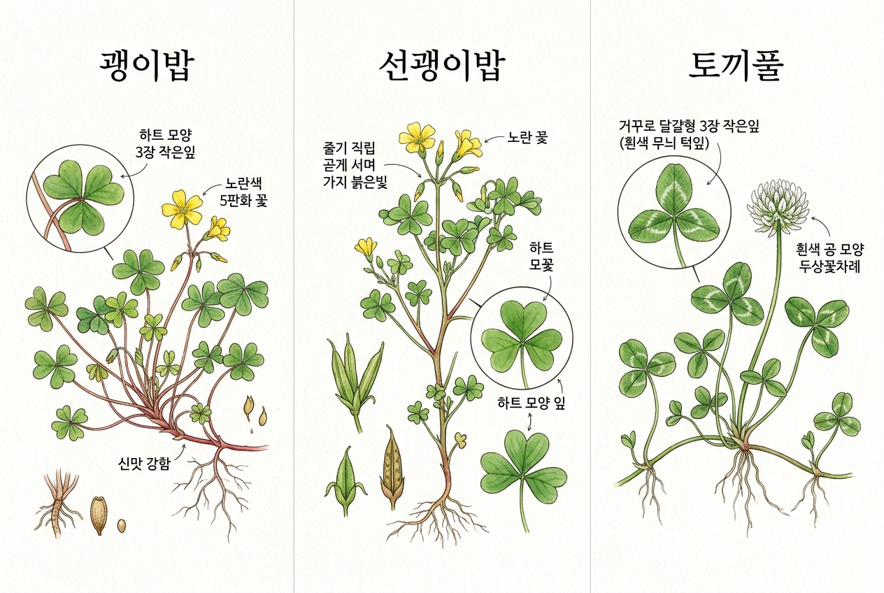 괭이밥 vs 선괭이밥 vs 토끼풀 비교 세밀화