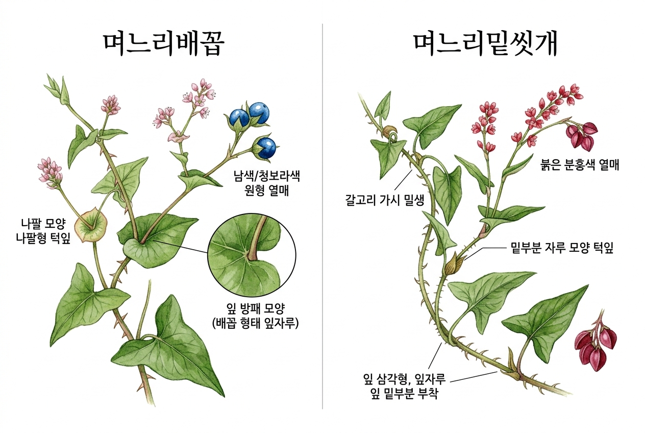 며느리배꼽 vs 며느리밑씻개 비교 세밀화