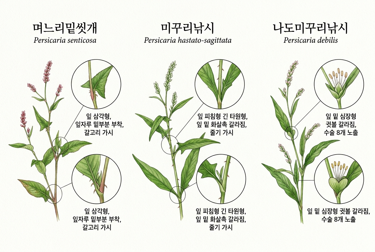 며느리밑씻개 vs 미꾸리낚시 vs 나도미꾸리낚시 비교 세밀화