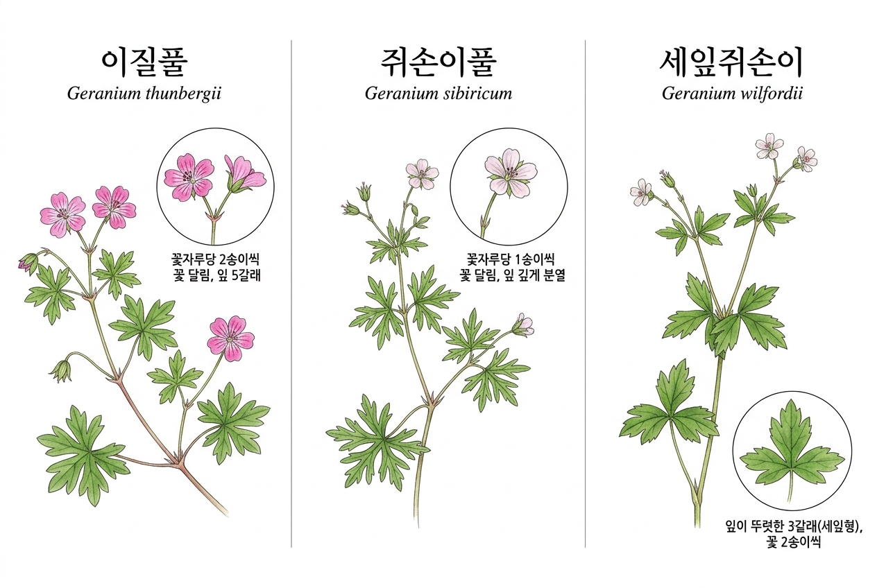 이질풀 vs 쥐손이풀 vs 세잎쥐손이 비교 세밀화