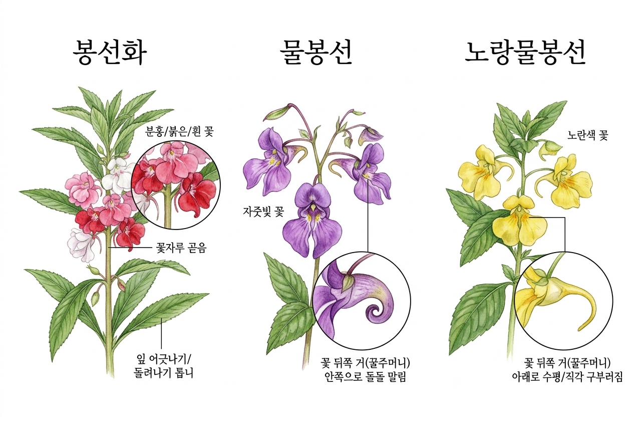 봉선화 vs 물봉선 vs 노랑물봉선 비교 세밀화