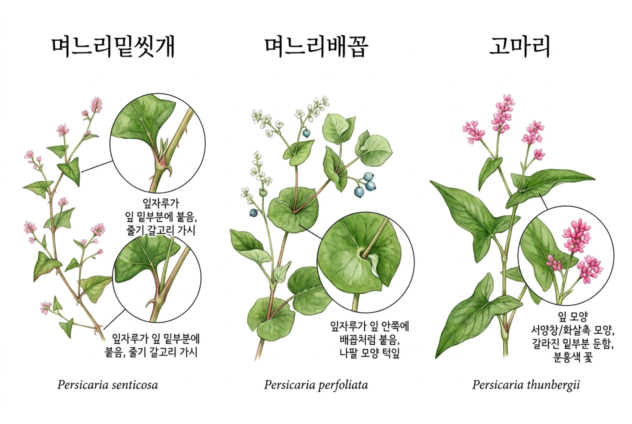 며느리밑씻개 vs 며느리배꼽 vs 고마리 비교 세밀화