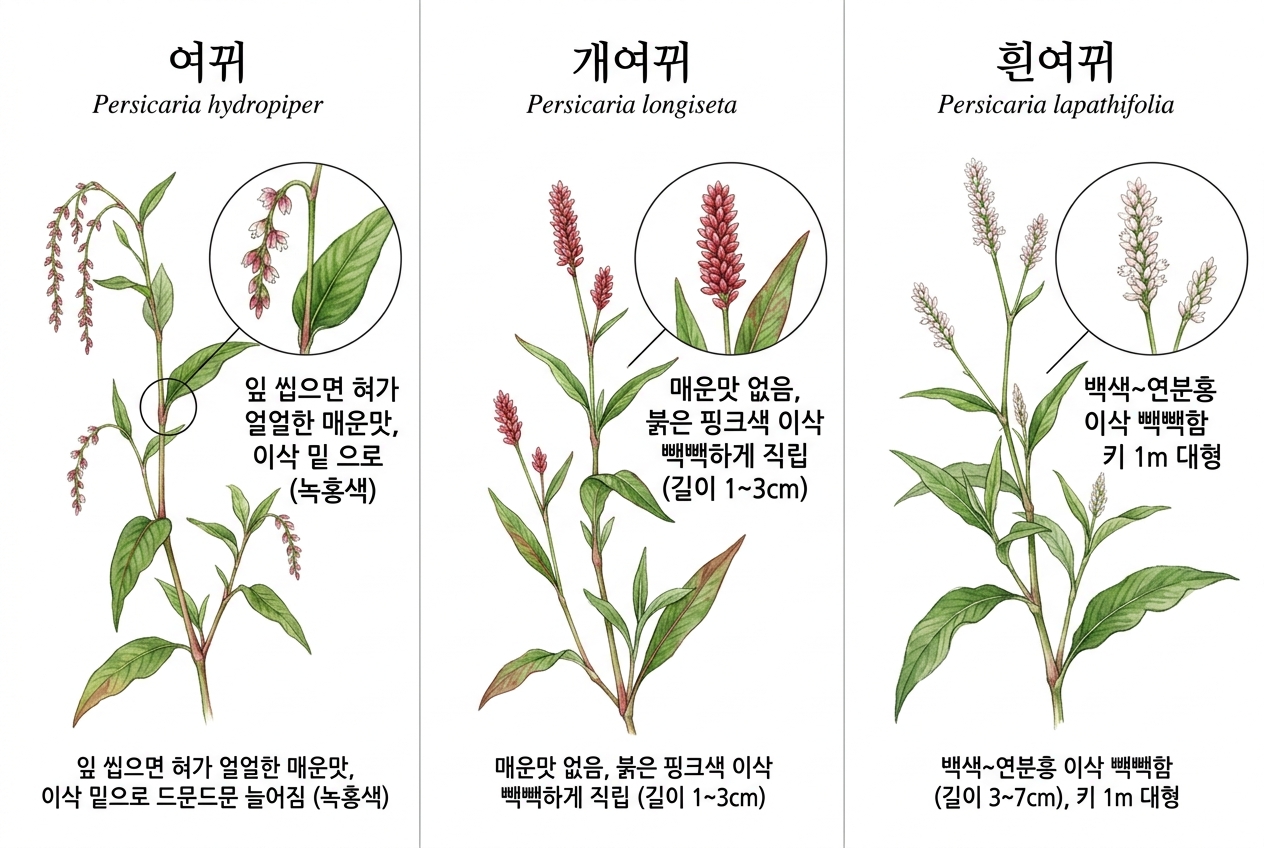 여뀌 vs 개여뀌 vs 흰여뀌 비교 세밀화