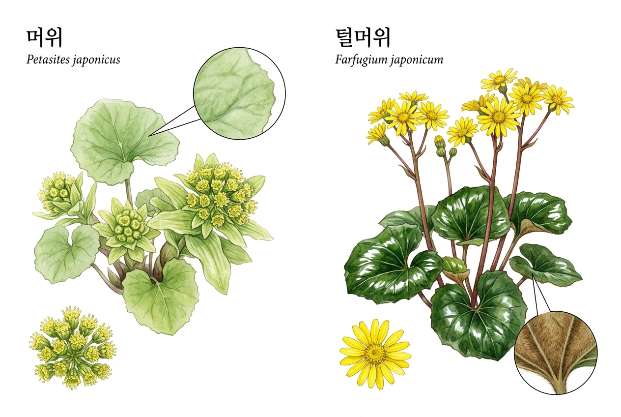 머위 vs 털머위 비교 세밀화