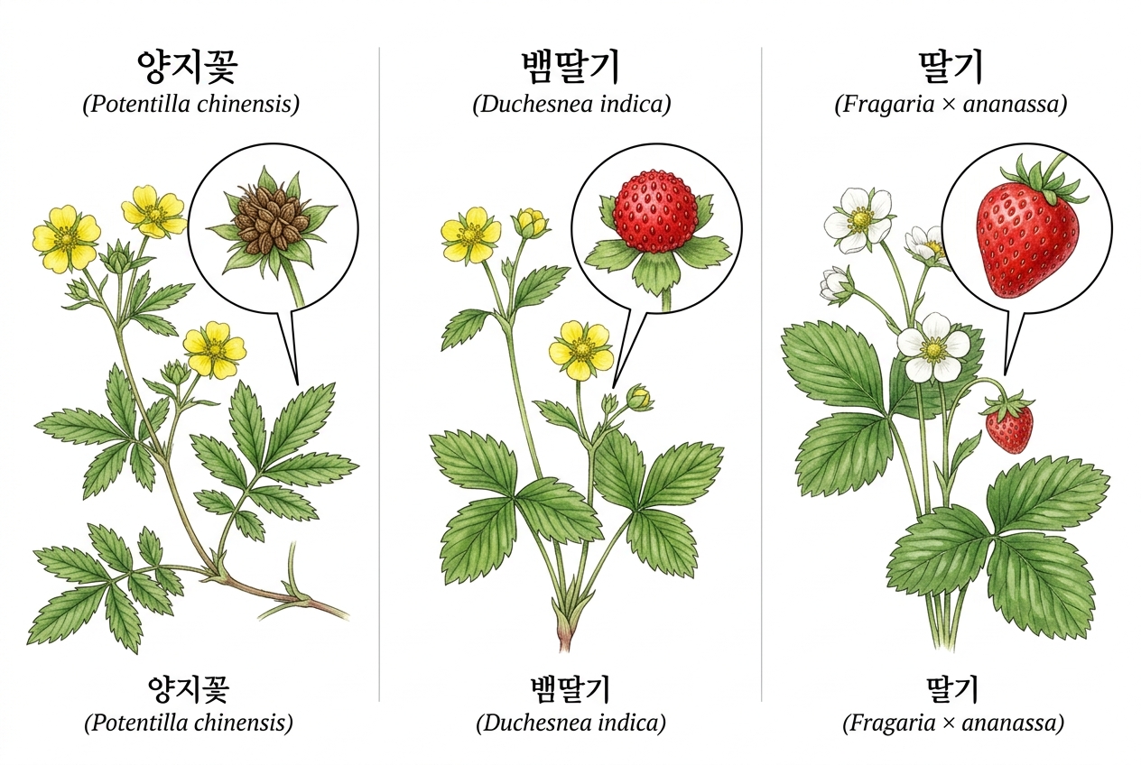 양지꽃 vs 뱀딸기 vs 딸기 비교 세밀화