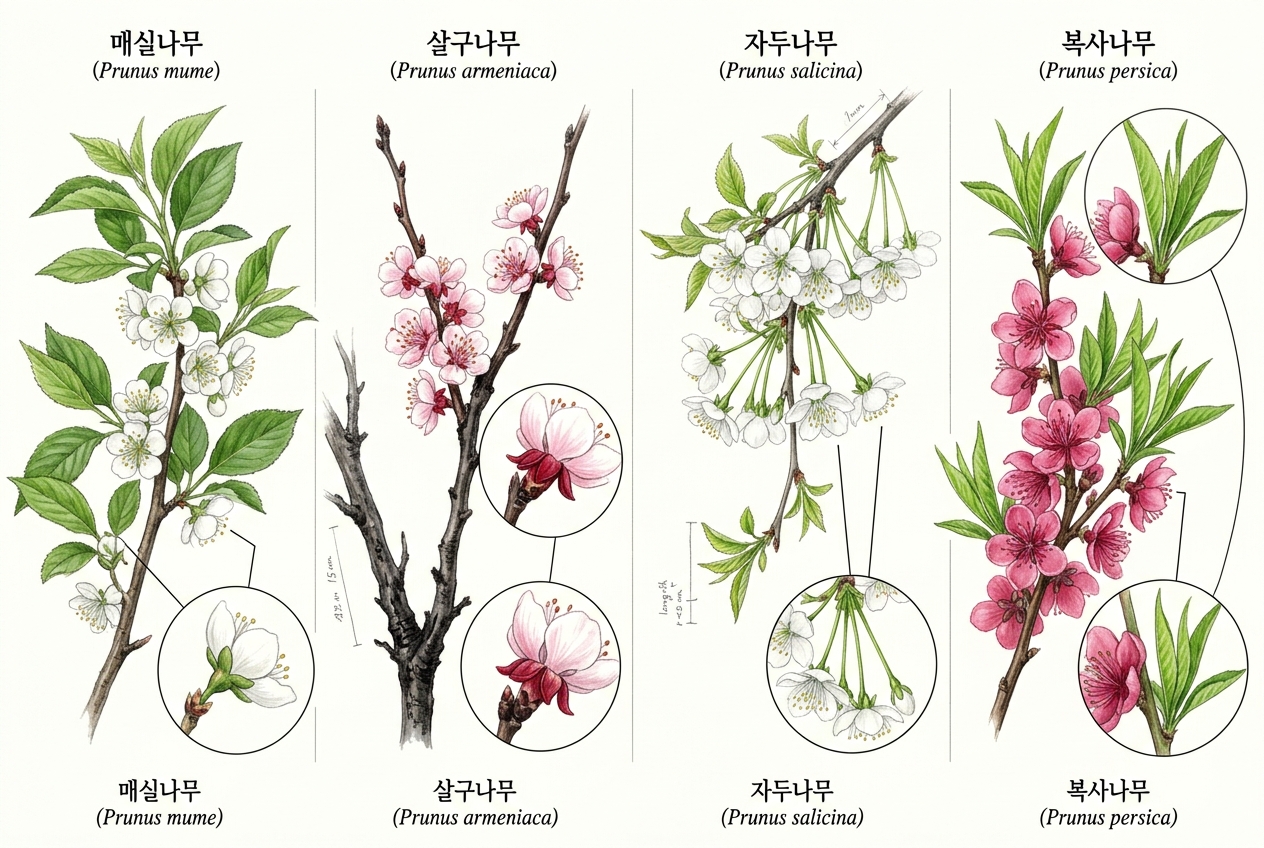 매실나무 vs 살구나무 vs 자두나무 vs 복사나무 비교 세밀화