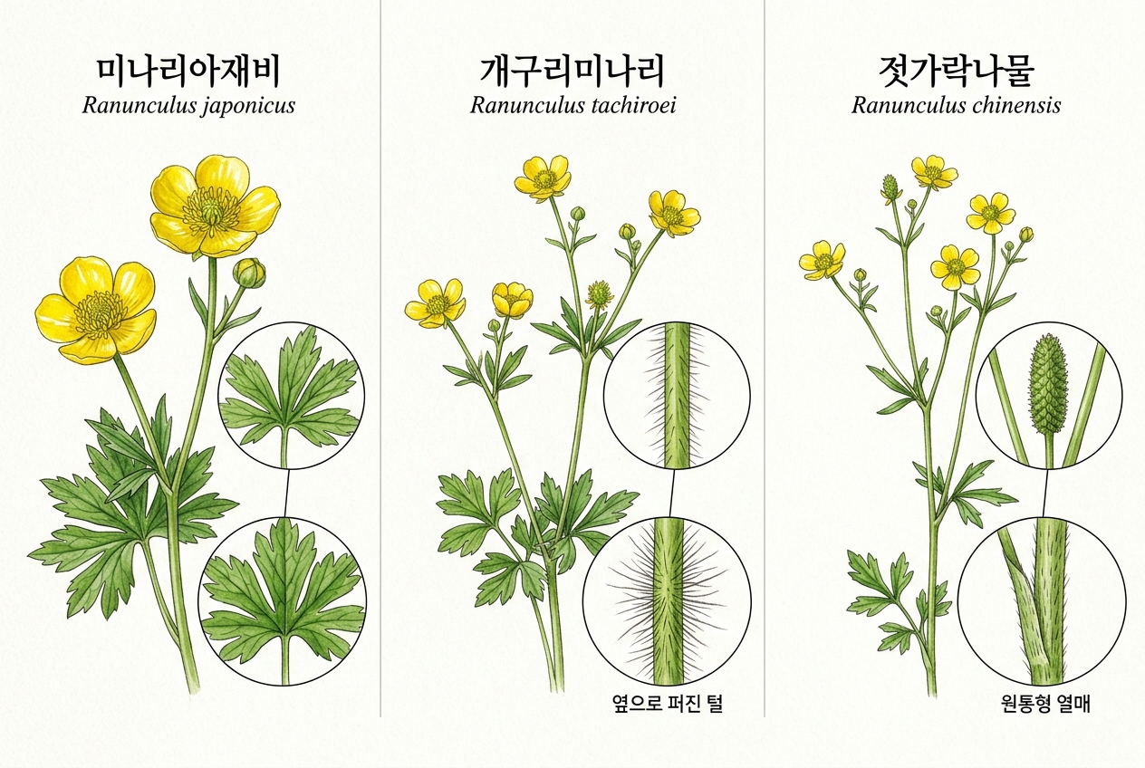 미나리아재비 vs 개구리미나리 vs 젓가락나물 비교 세밀화