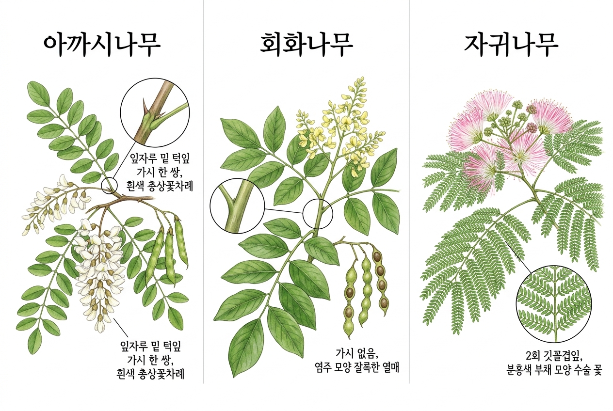 아까시나무 vs 회화나무 vs 자귀나무 비교 세밀화