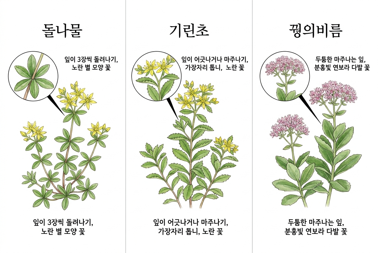돌나물 vs 기린초 vs 꿩의비름 비교 세밀화