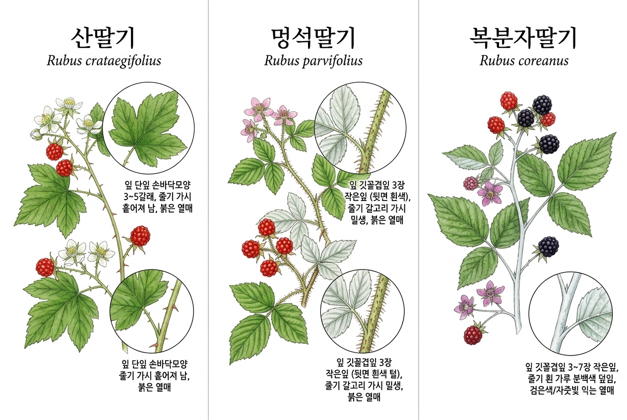 산딸기 vs 멍석딸기 vs 복분자딸기 비교 세밀화