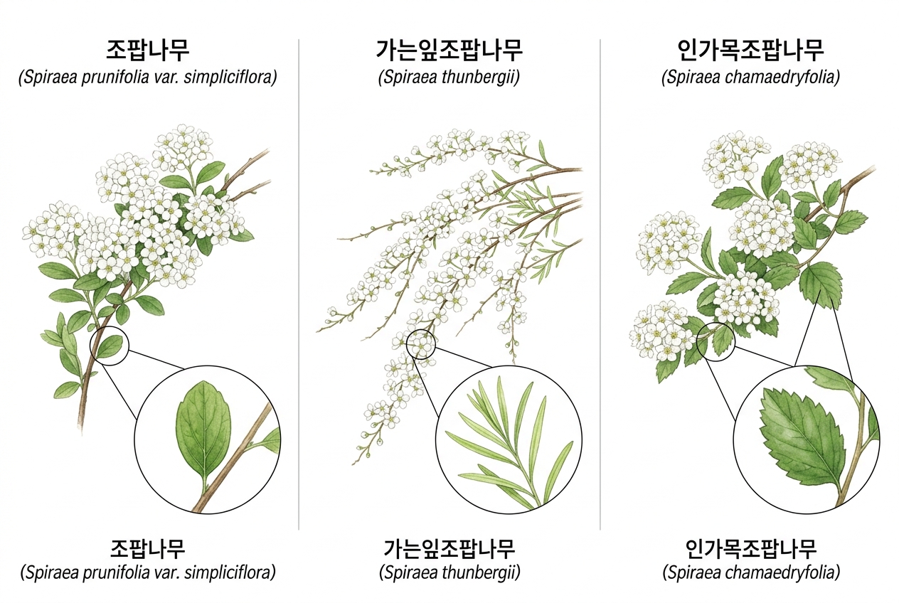 조팝나무류 (조팝나무 vs 꼬리조팝나무 vs 갈기조팝나무) 비교 세밀화