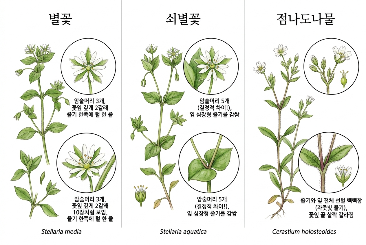 별꽃 vs 쇠별꽃 vs 점나도나물 비교 세밀화