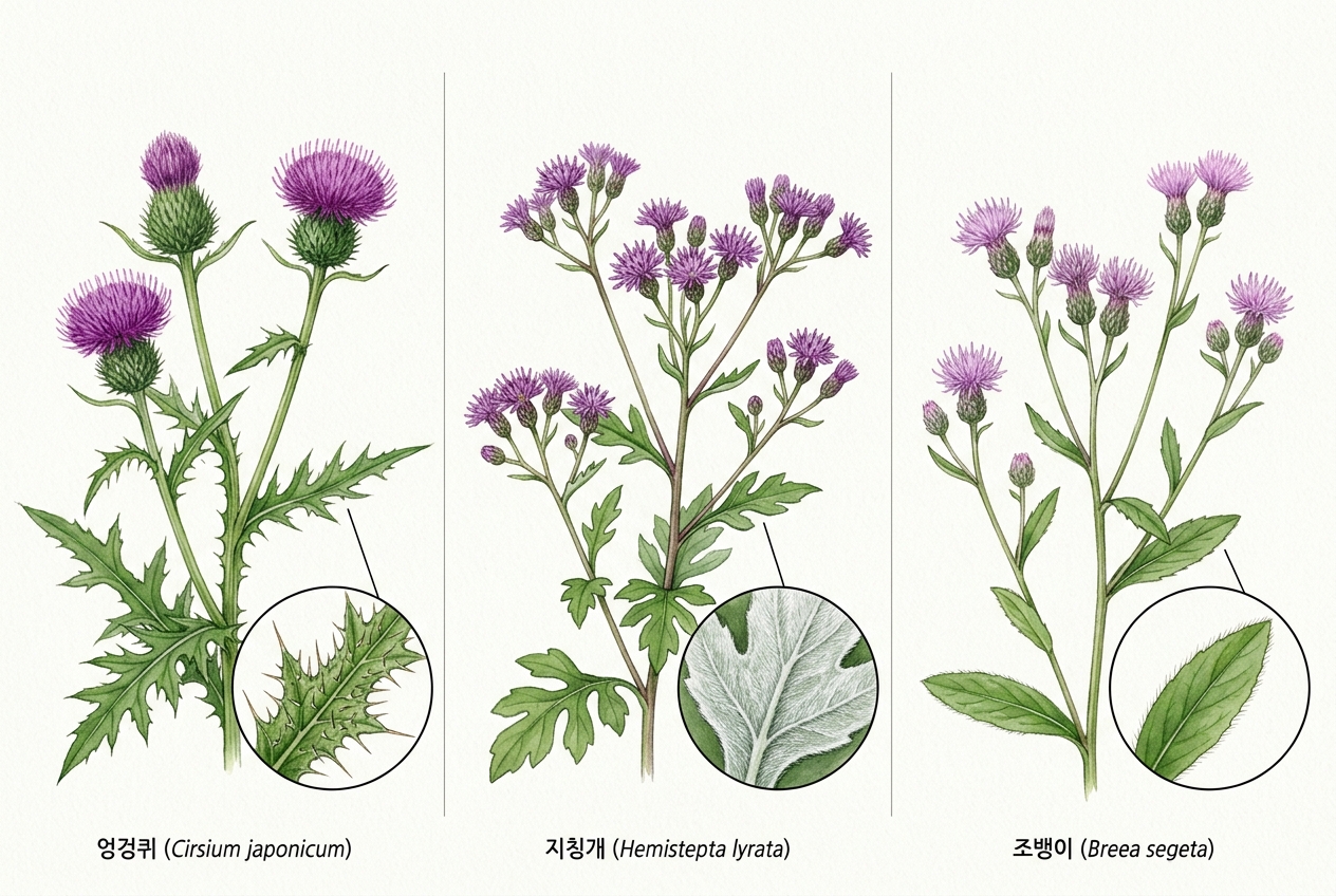 엉겅퀴 vs 지칭개 vs 조뱅이 비교 세밀화