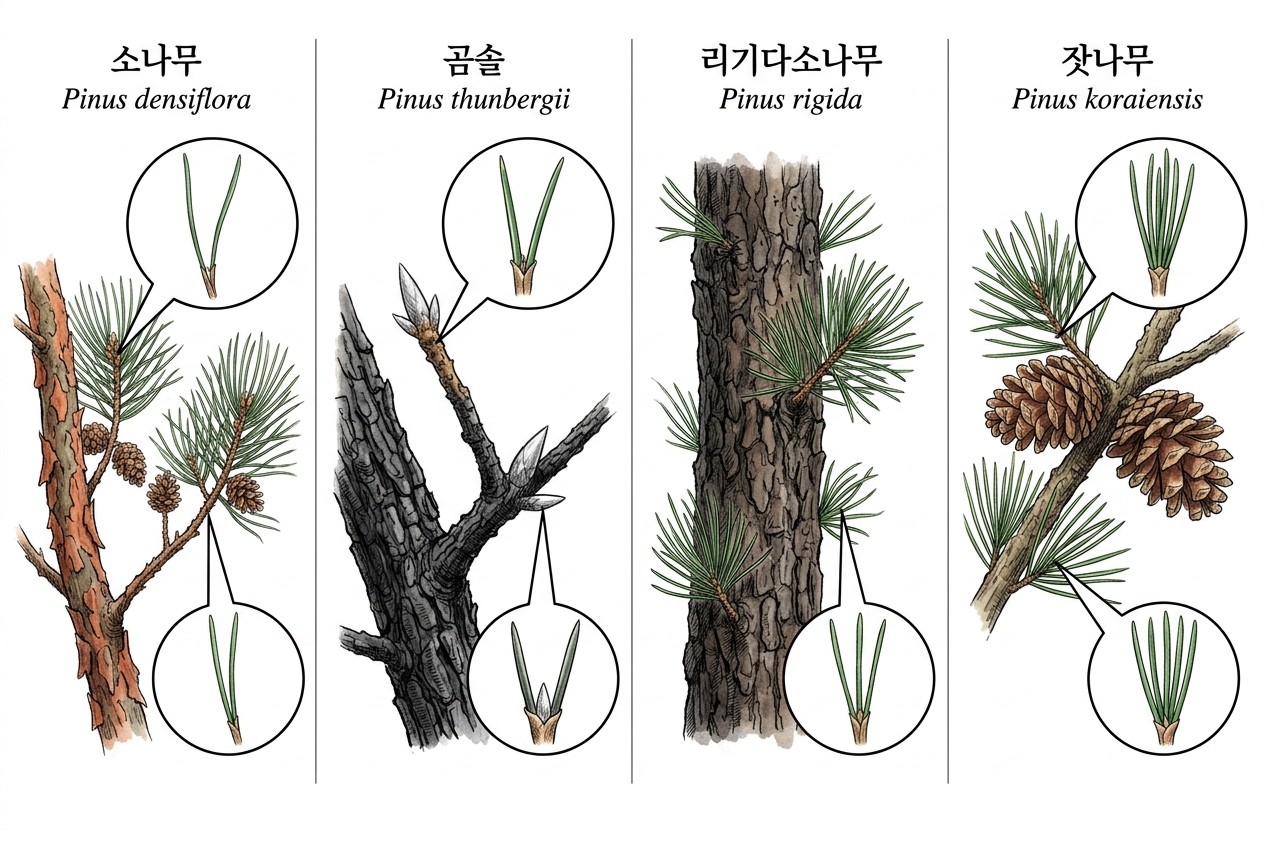 소나무 vs 곰솔 vs 리기다소나무 vs 잣나무 비교 세밀화