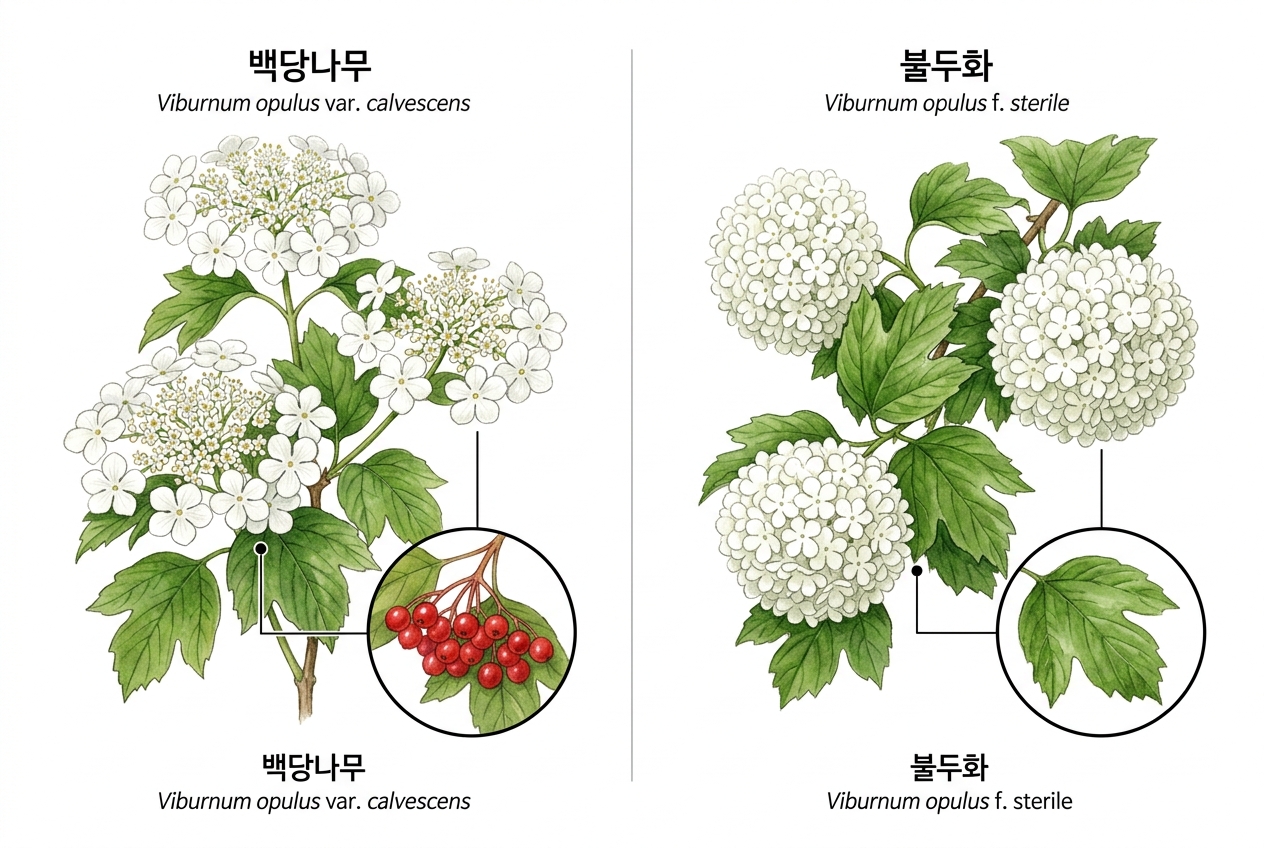 백당나무 vs 불두화 비교 세밀화