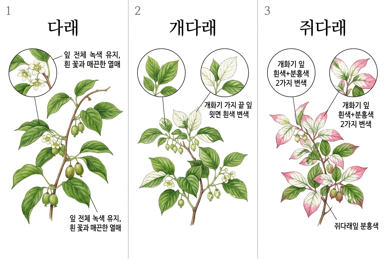 다래 vs 개다래 vs 쥐다래 비교 세밀화
