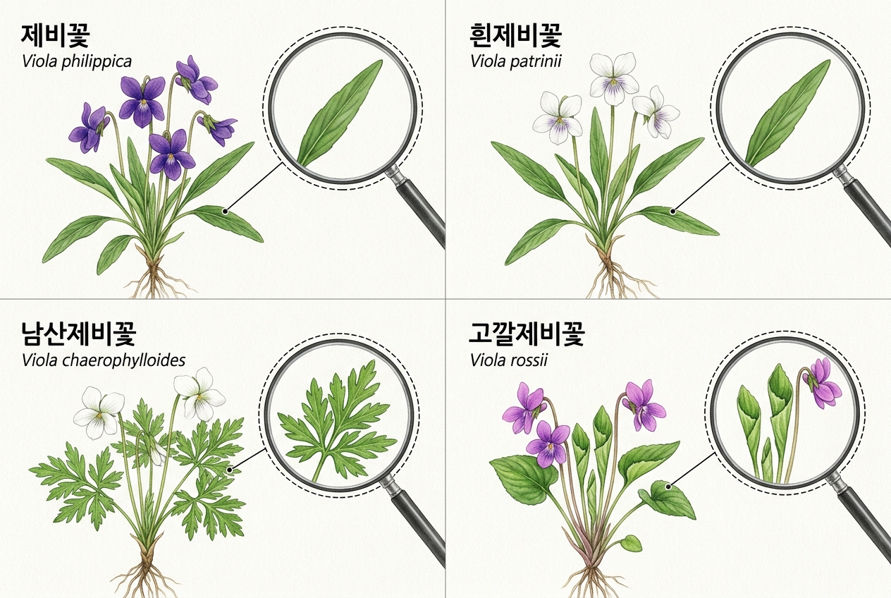 제비꽃 vs 흰제비꽃 vs 남산제비꽃 vs 고깔제비꽃 비교 세밀화